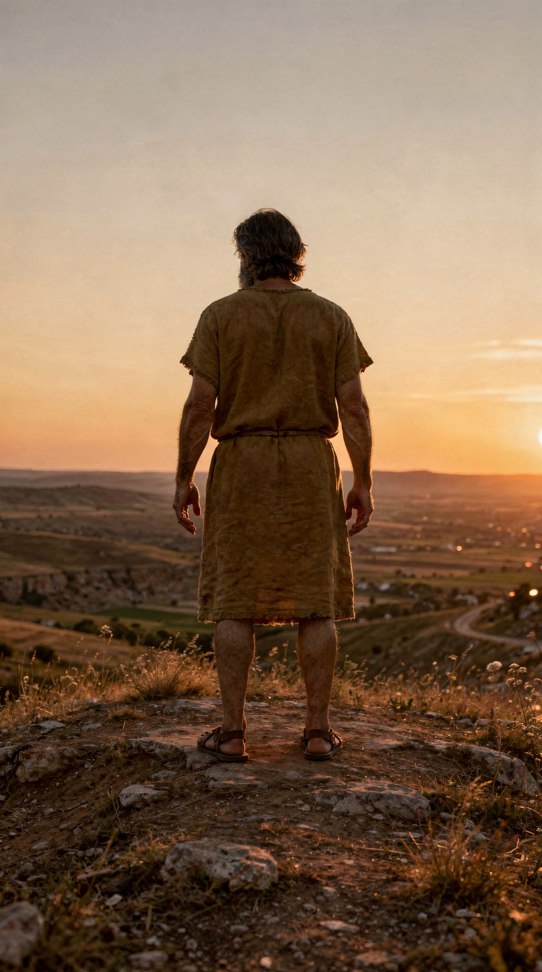 Noah stands alone on a hilltop, hands open, listening inwardly