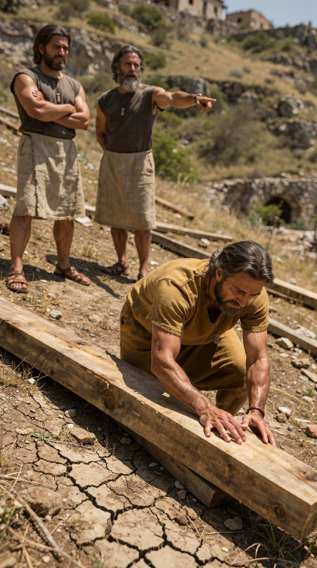 Noah lays timber for the ark while neighbours point and laugh