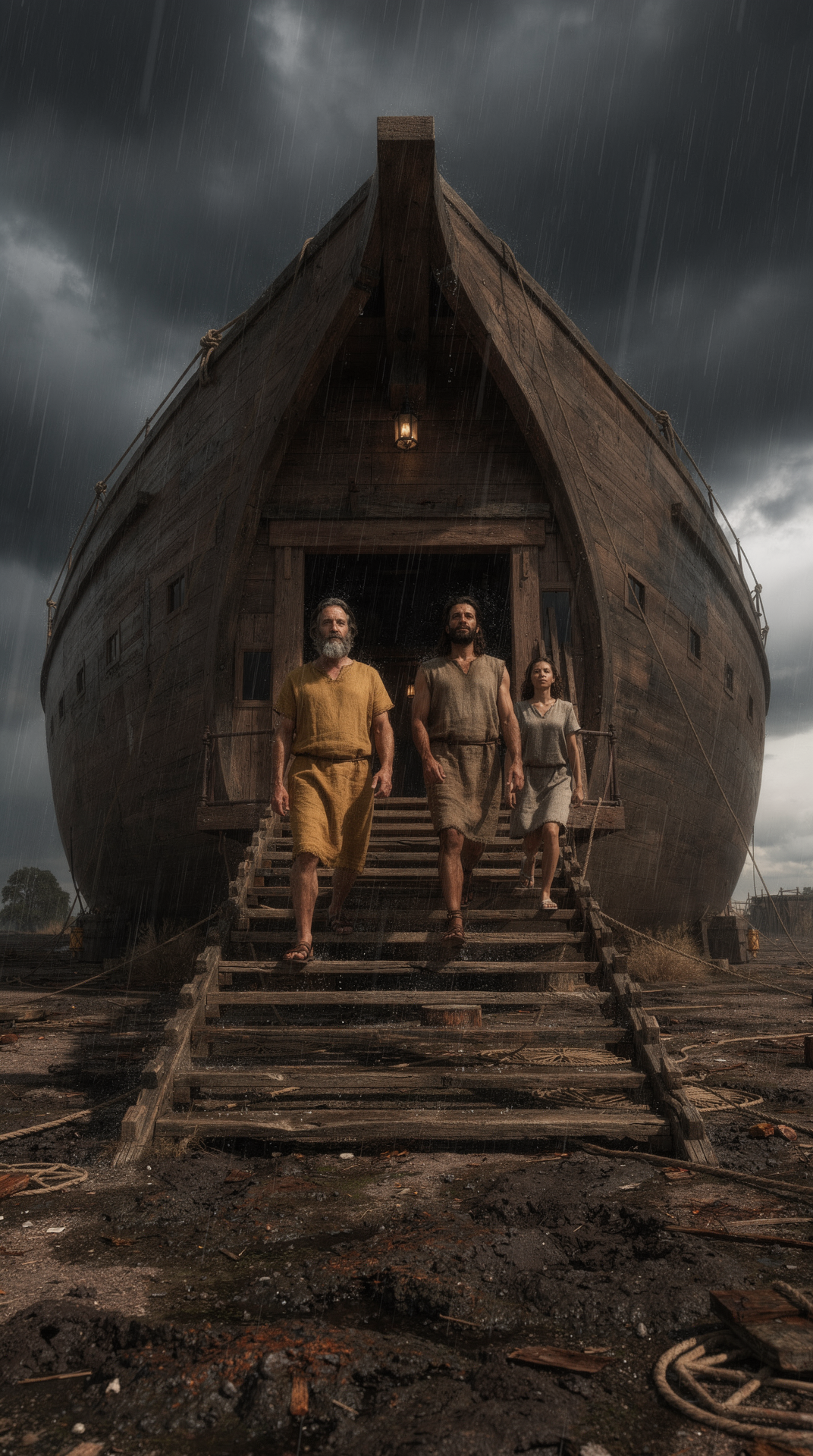 Noah and his family walk up the ramp into the ark as the first rain falls