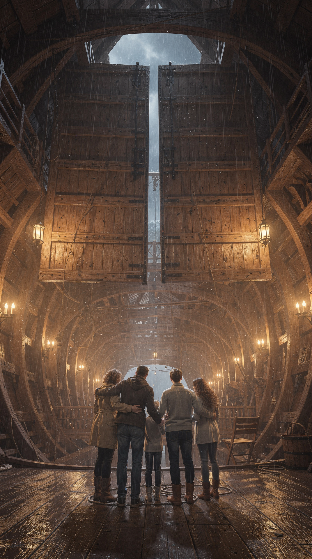 Noah and his family stand inside the ark as the great door closes, the inner meaning of Noah's ark