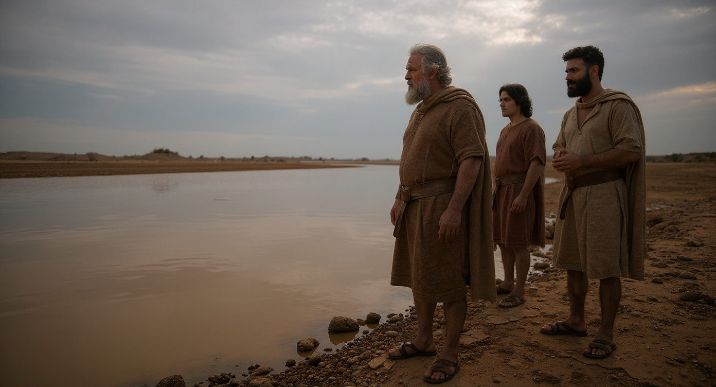 Noah with his sons Shem and Ham surveying the land after the flood