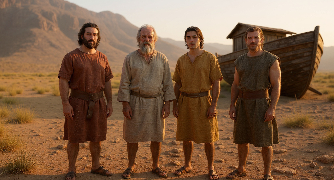 Noah with his three sons Shem, Ham and Japheth after the flood, the ark resting on dry land