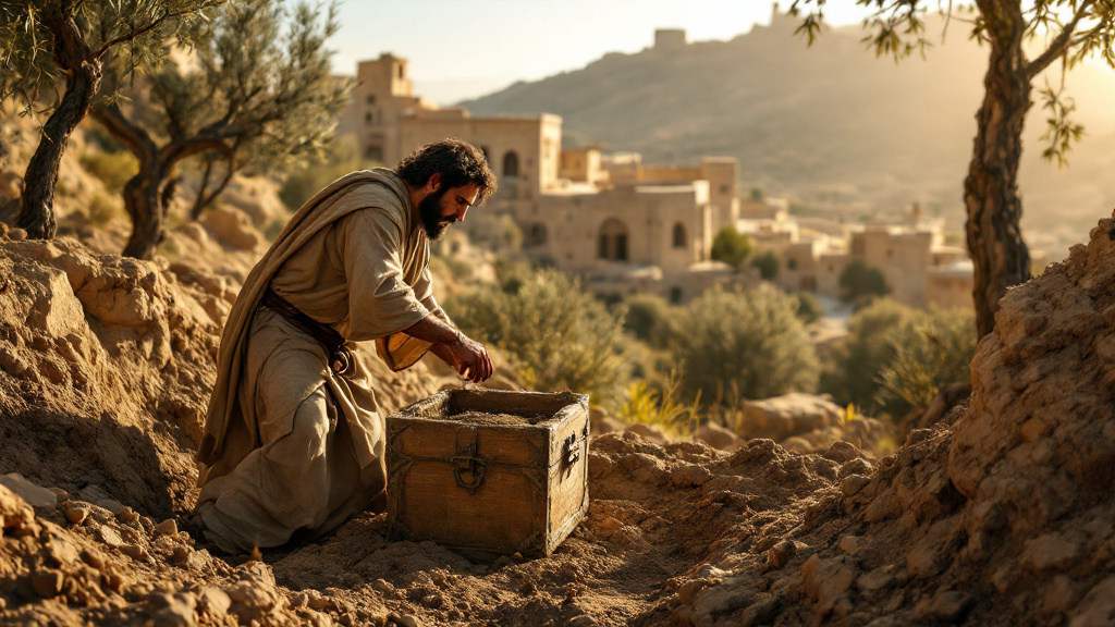 The man hides the treasure again in the field, as Matthew 13:44 describes