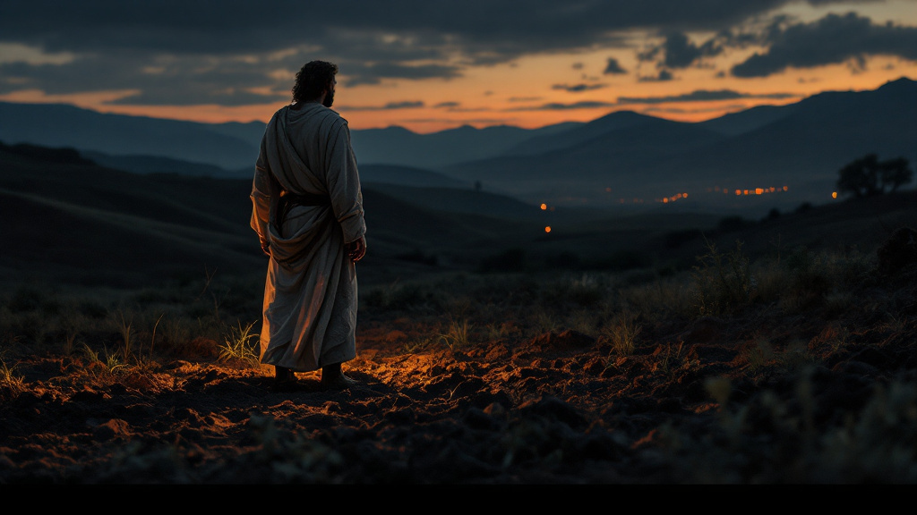A man stands in his own field at dusk, light rising from the ground, a symbol of the treasure within