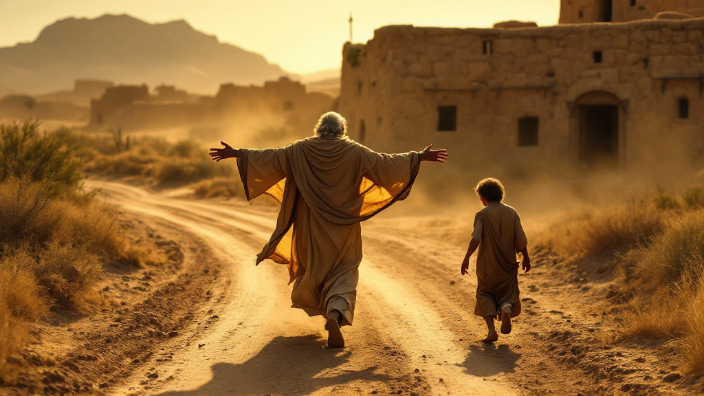 The father runs down the road to meet his returning son