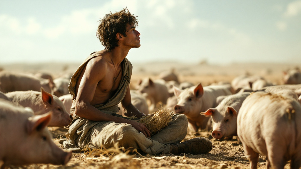 The prodigal son sits among the pigs in a famine-struck field