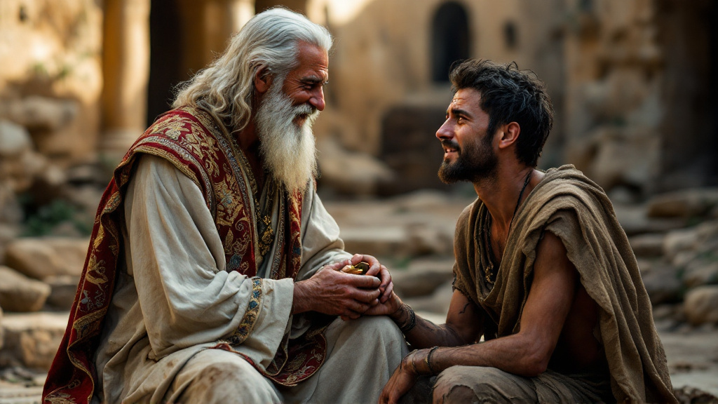 The father places the robe on his young son and holds out the ring