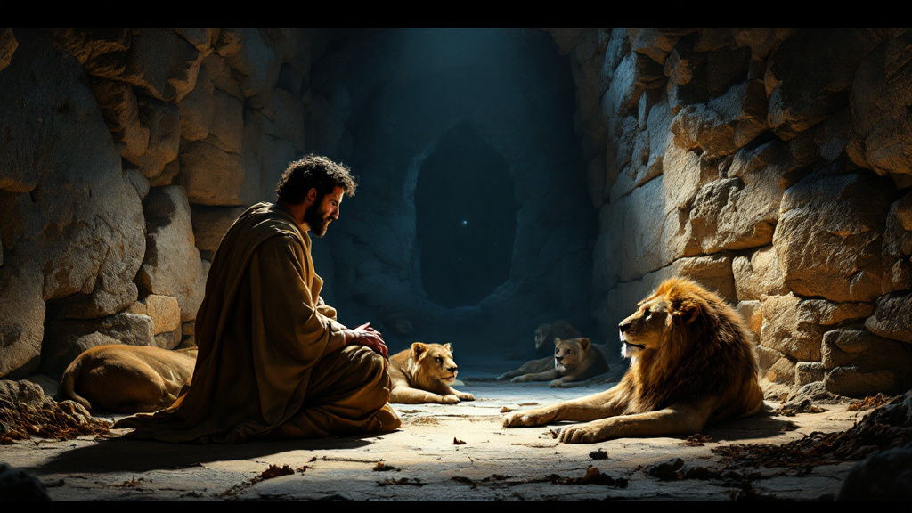 Daniel kneels calmly among resting lions in the den