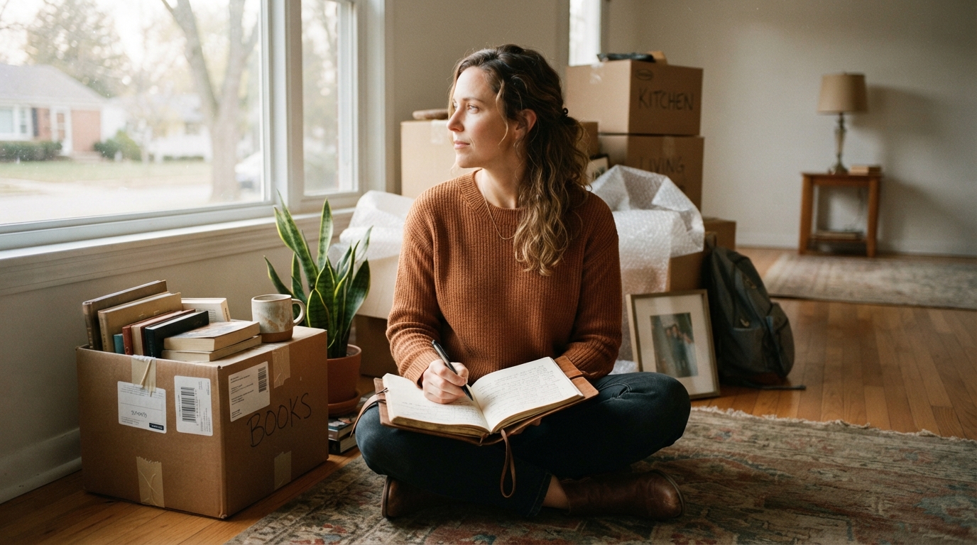 A woman writes in a journal beside moving boxes in a new home