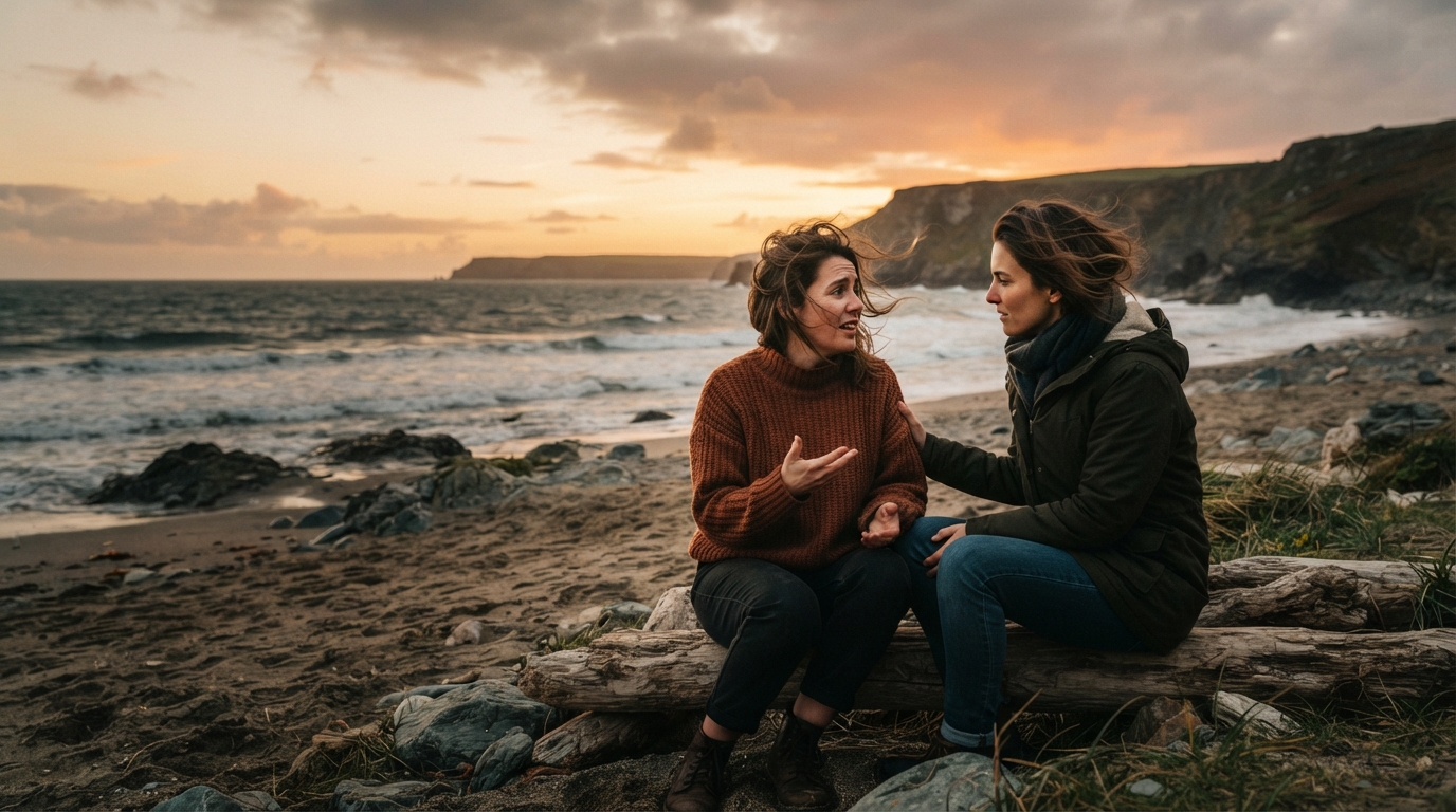 Two friends talk by the shore at dusk about a life change