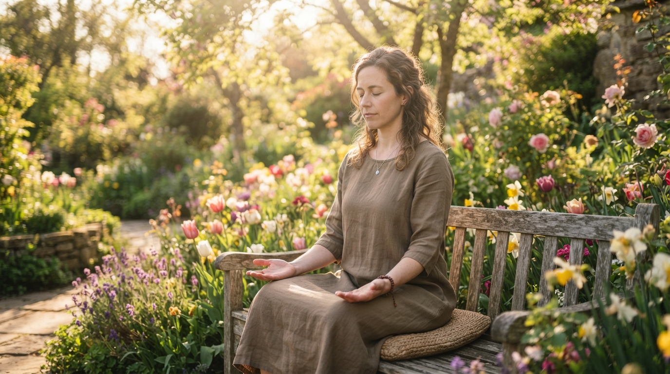 A person sits with eyes closed in a sunlit garden