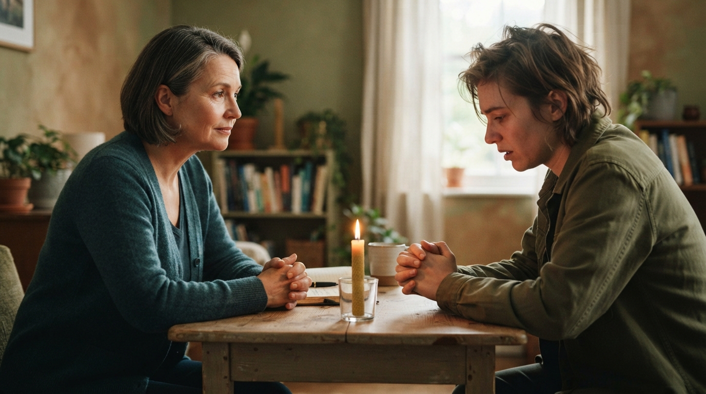 A counsellor listens to a client in a quiet room