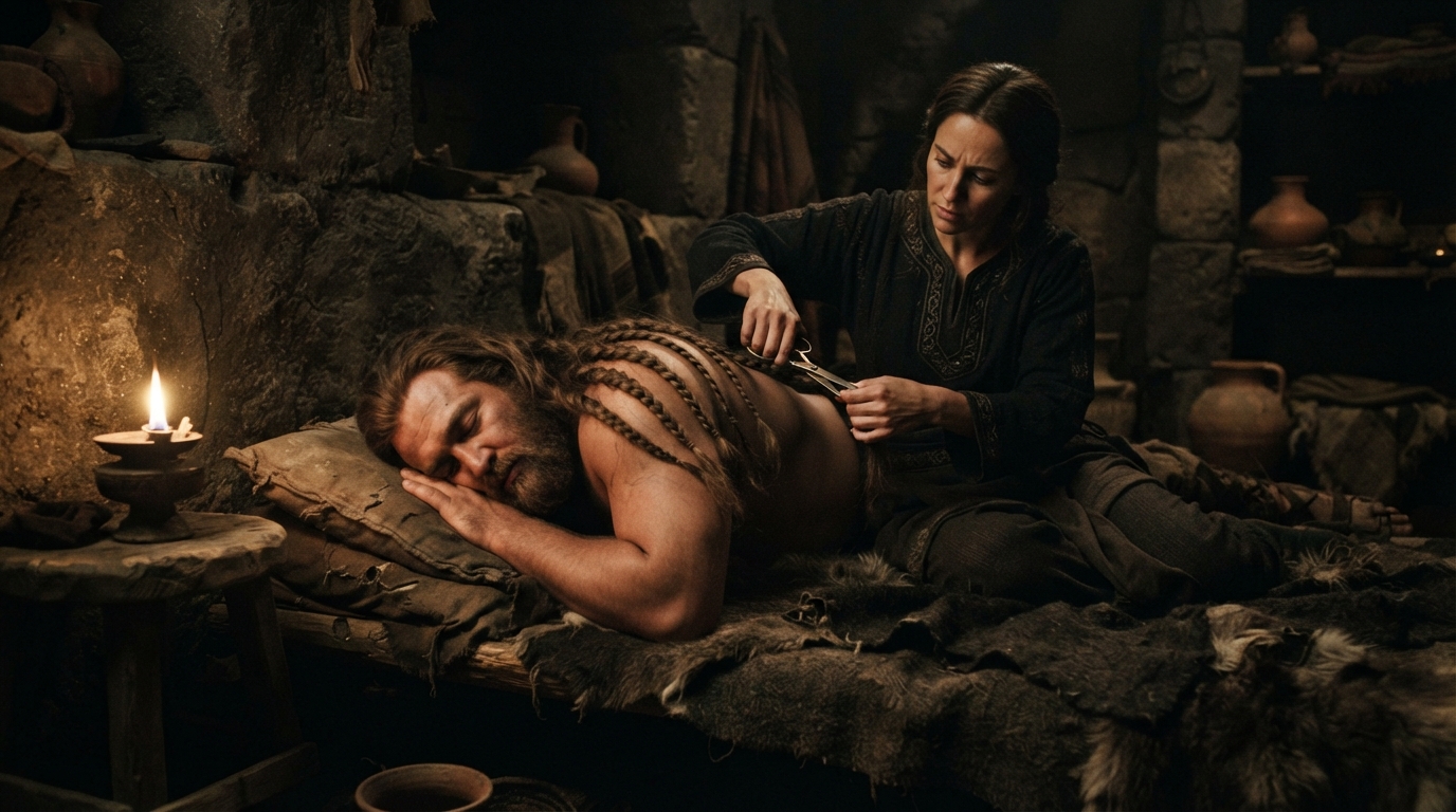 Delilah cuts the sleeping Samson's seven locks by lamplight