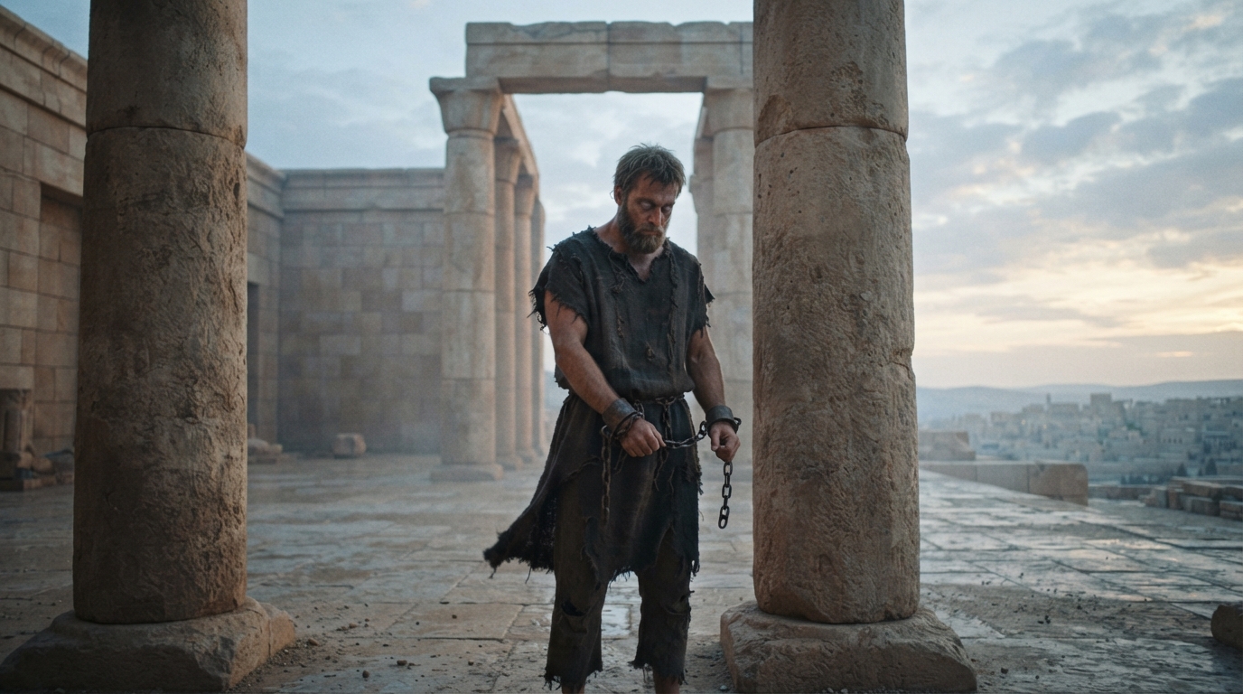 The blinded Samson stands between the pillars of the temple of Dagon