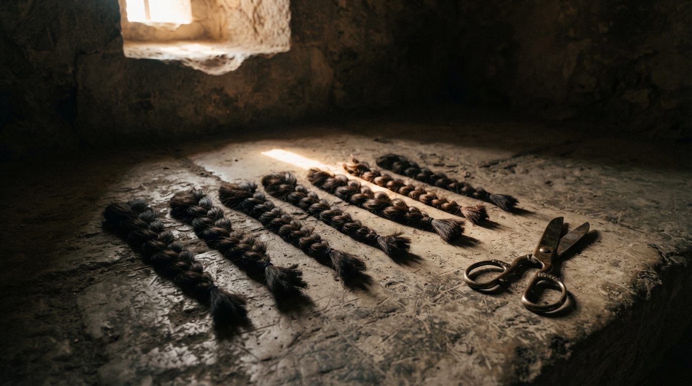 Samson's seven severed locks beside bronze shears on a stone floor