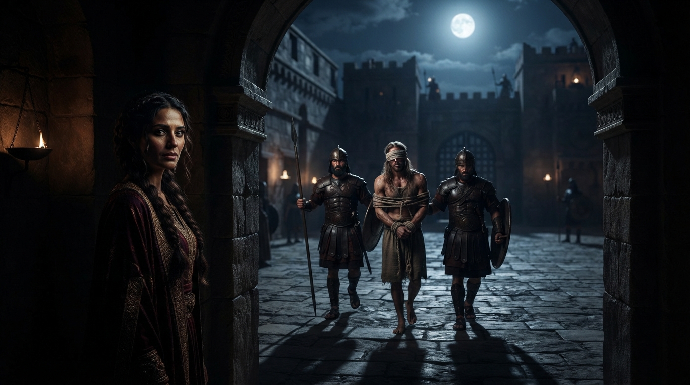 Delilah watches Philistine guards lead Samson away by night