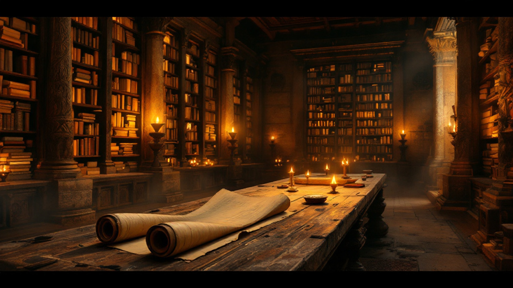 An ancient library of scrolls lit by oil lamps, evoking the hidden wisdom gathered in The Secret Teachings of All Ages