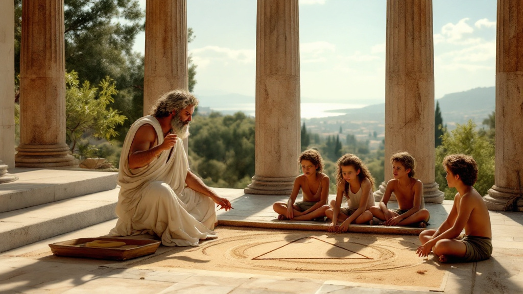 Pythagoras teaching geometry to students in a Greek colonnade, as described by Manly P. Hall
