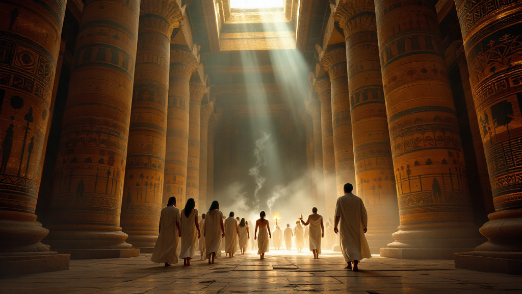 Initiates entering an Egyptian temple sanctuary, a scene of the ancient Mysteries explored in Hall's book