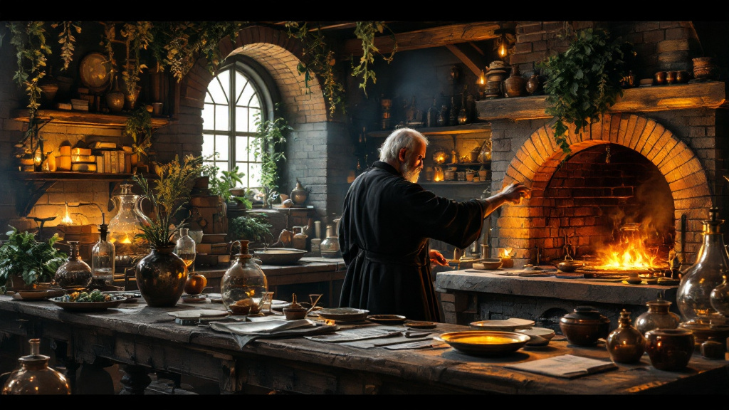 A Renaissance alchemist at his furnace, an image of inner transformation in The Secret Teachings of All Ages