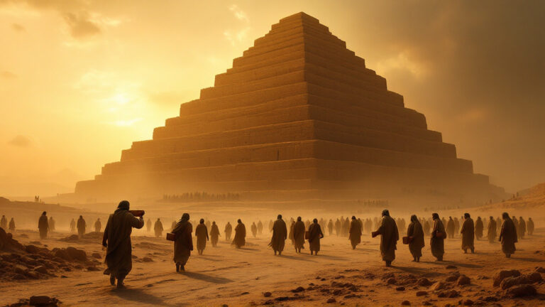Builders carry mud bricks towards the unfinished Tower of Babel on the plain of Shinar