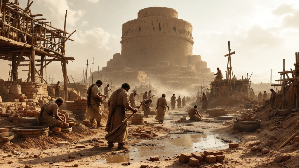 Workers bind bricks with slime for mortar at the base of the Tower of Babel