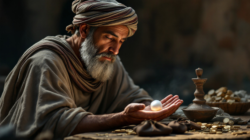 The merchant of the parable holds the one pearl of great price