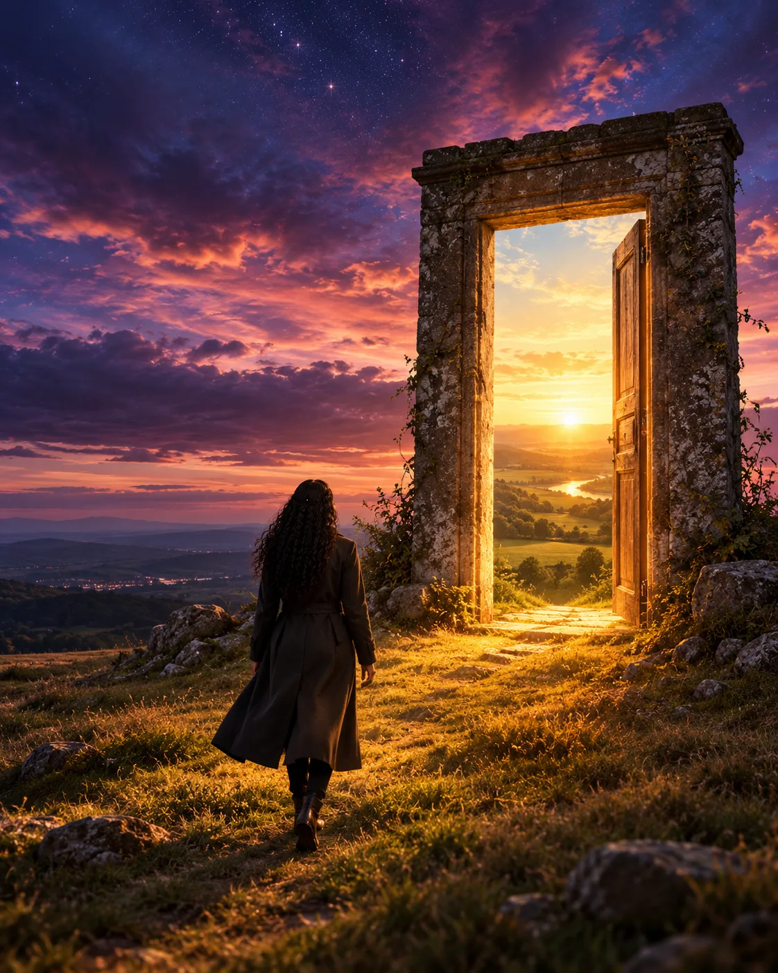 A woman walks across a twilight hillside towards an open stone doorway glowing with a golden sunrise, symbolising stepping into the life you imagine