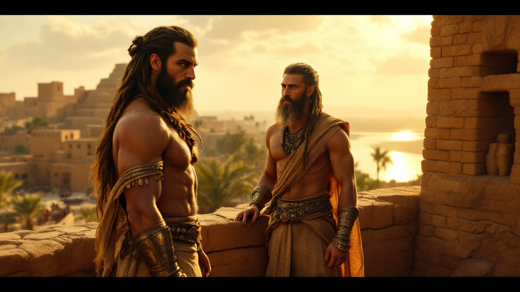Gilgamesh and Enkidu on a mud-brick terrace above ancient Uruk at golden hour