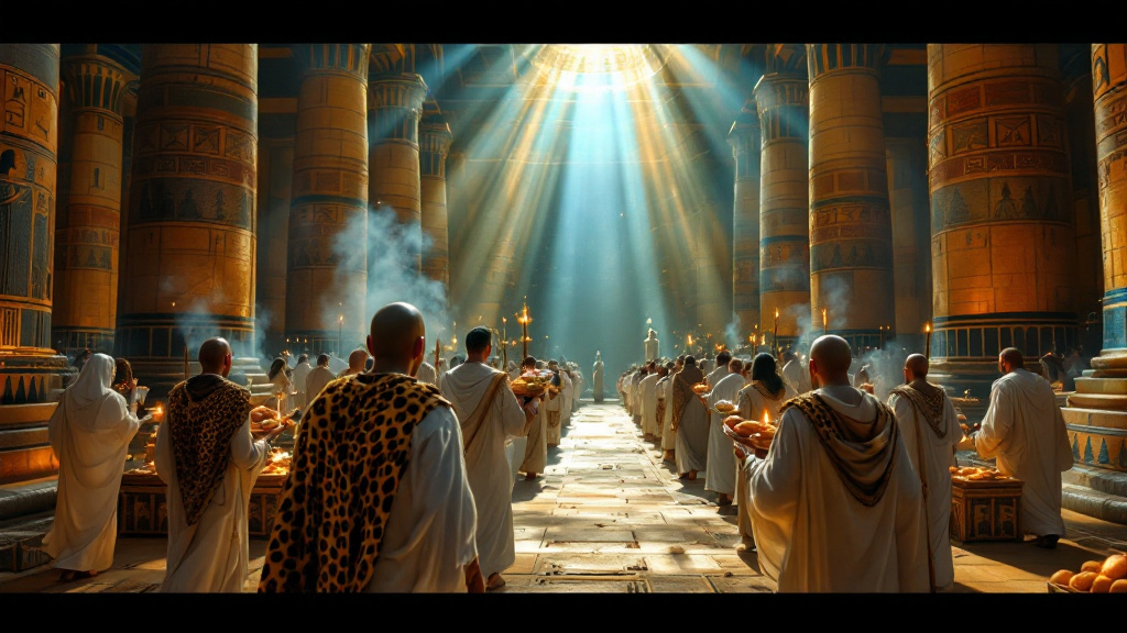 Egyptian priests in white linen carrying offerings towards a shrine of Isis and Osiris in a torchlit temple