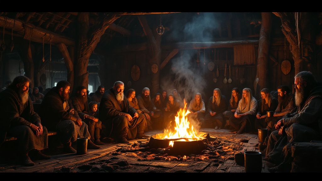 A Norse skald telling stories by the hearth fire in a Viking longhall at night