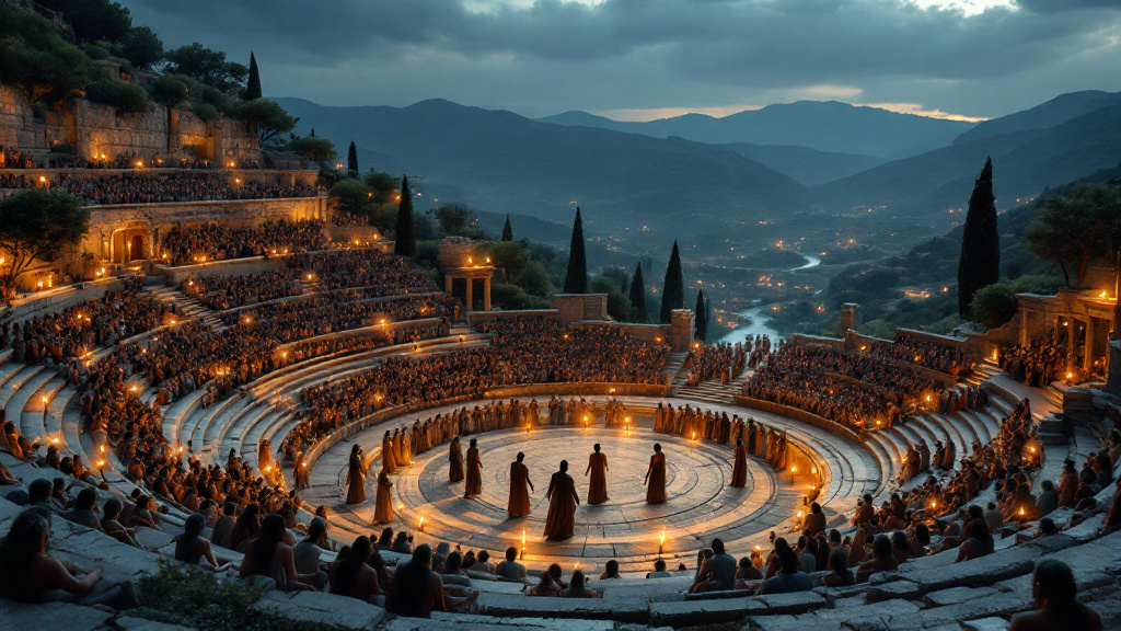 Masked actors performing a myth in an open-air ancient Greek theatre at dusk