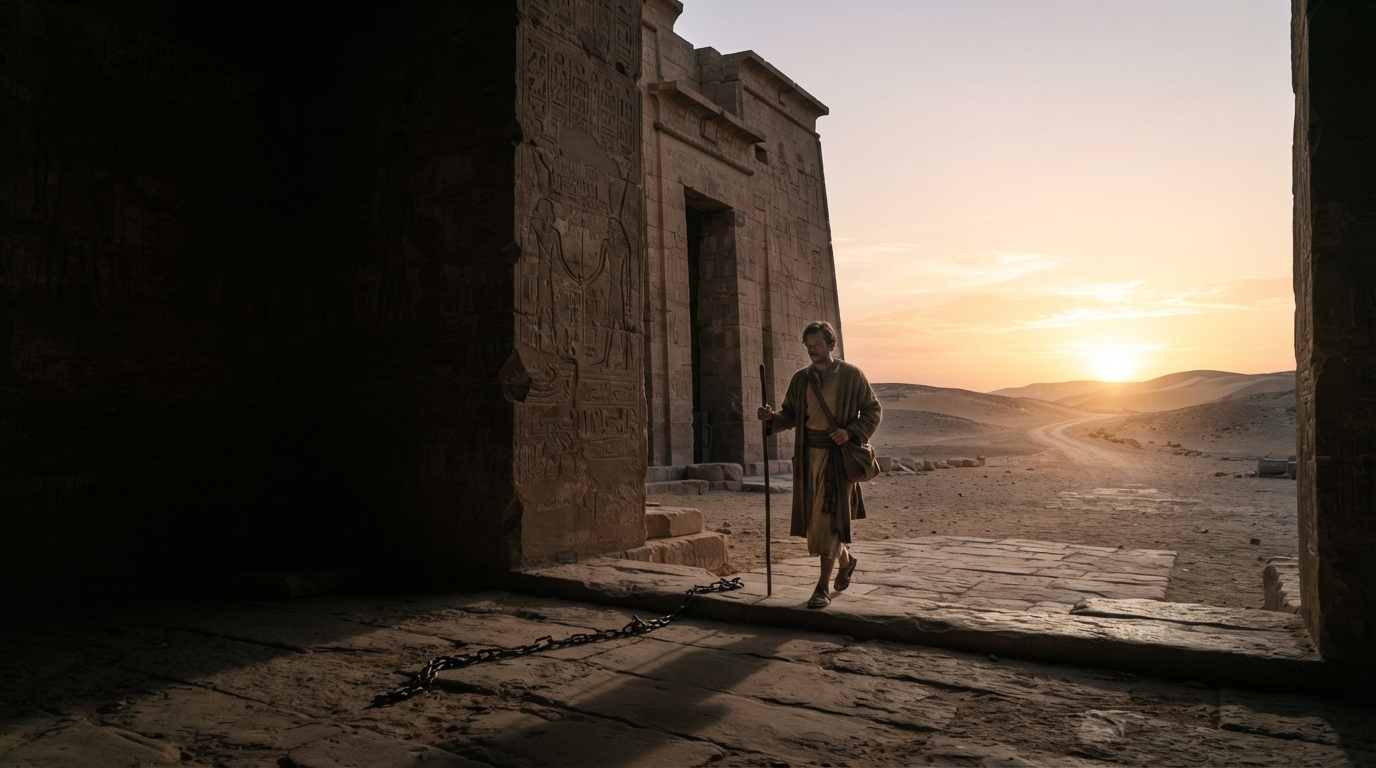 A traveller steps through an ancient Egyptian gateway toward sunrise, leaving a broken chain behind