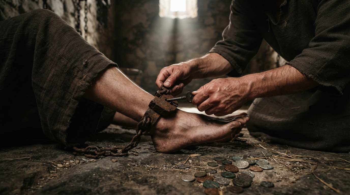 Hands unlocking iron shackles on a stone floor