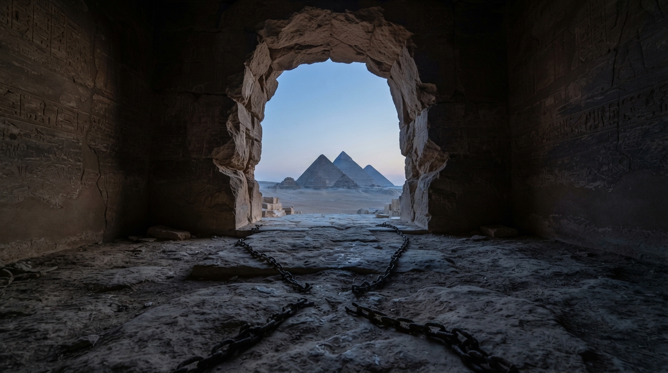 An empty stone chamber with an open exit and snapped chains, pyramids beyond