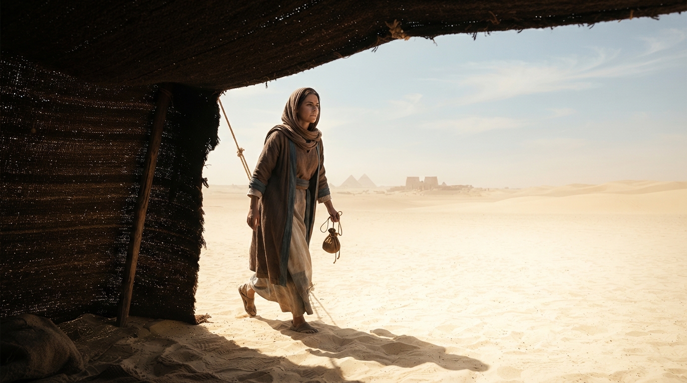 A woman walks out of a dark tent into bright open desert