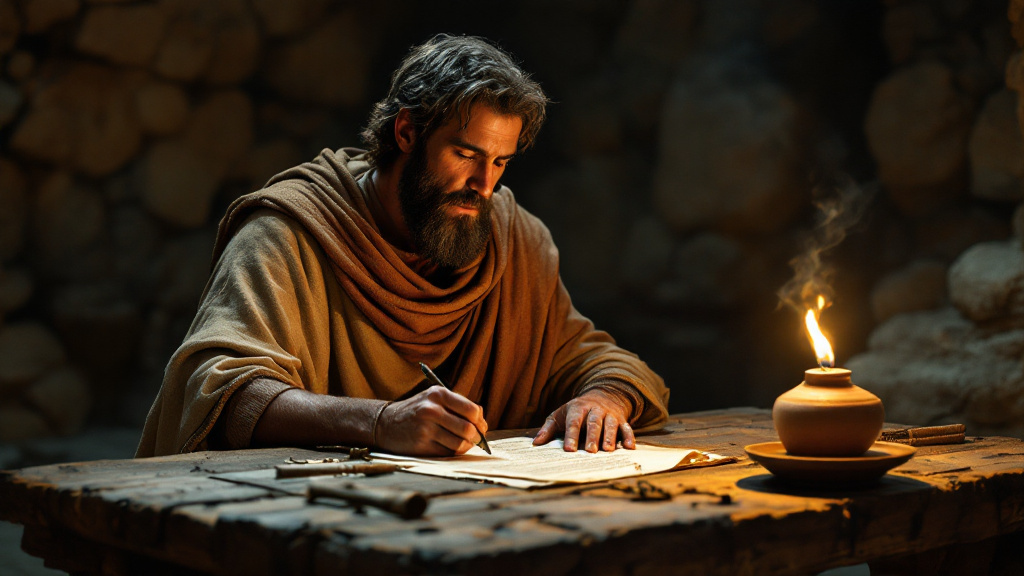 The apostle Paul writes his letter to the Galatians by lamplight