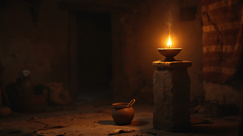 An oil lamp on a lampstand lights a simple ancient home