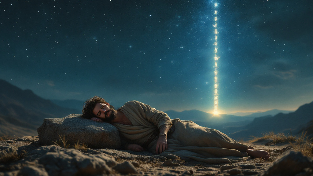 Jacob sleeps on a stone pillow as a ladder of light rises to heaven