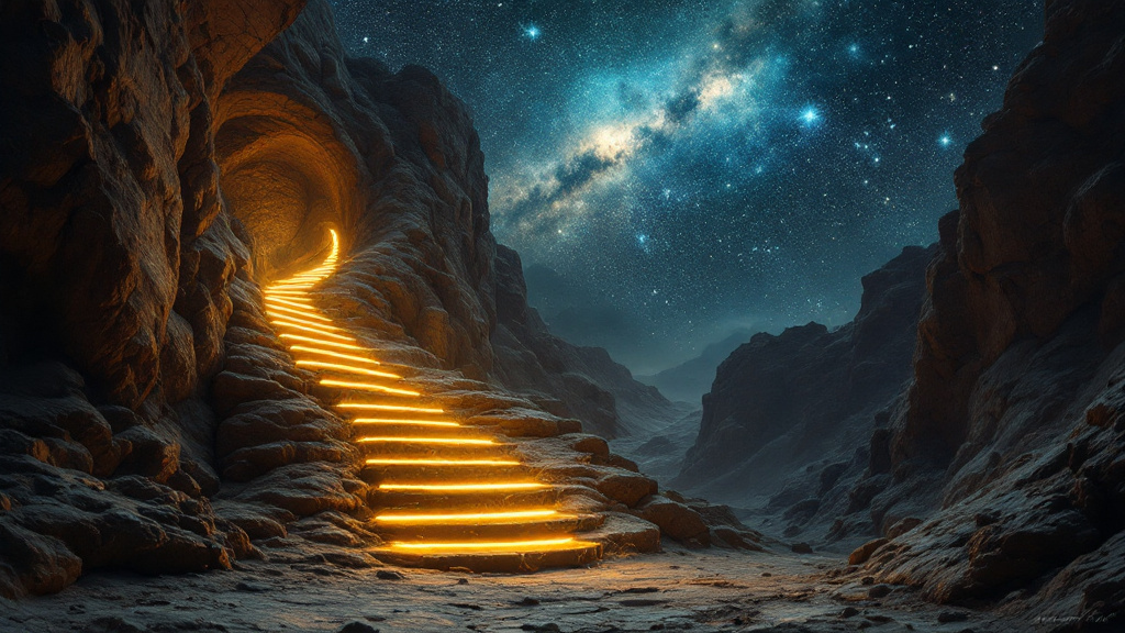 A spiralling staircase of light rises from a hillside into the starry sky