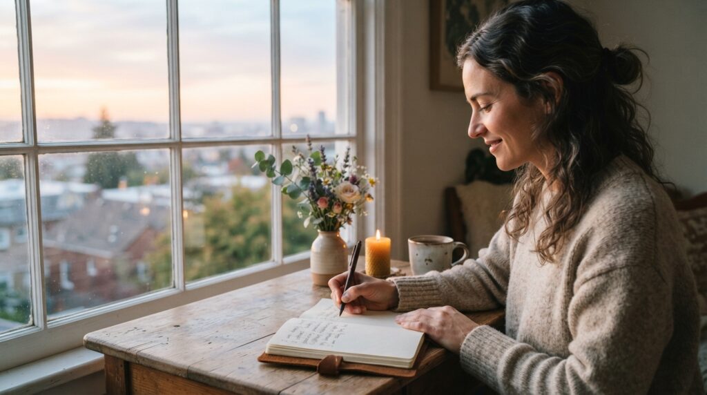 What is manifesting: a woman writes her fulfilled intention in a journal at dawn