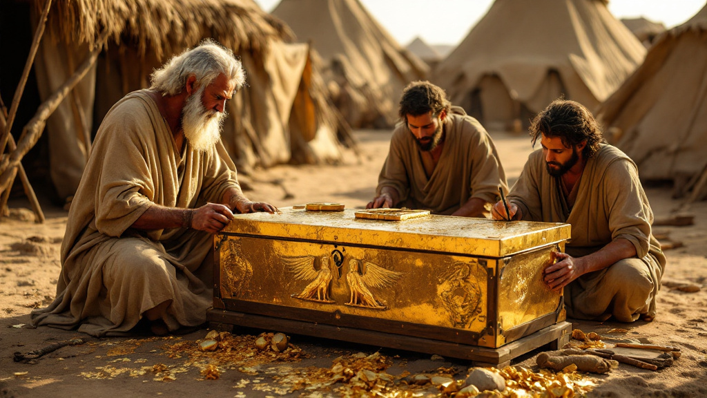 Moses watches as craftsmen overlay the Ark of the Covenant with gold in the wilderness