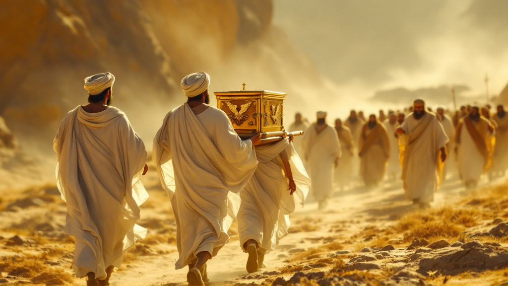 Priests carry the Ark of the Covenant on poles before the people of Israel