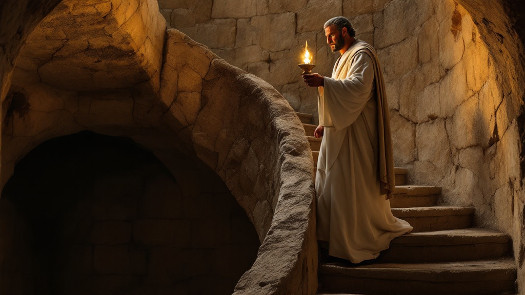 A priest carries a lamp up the winding stair of the temple, a symbol of rising within