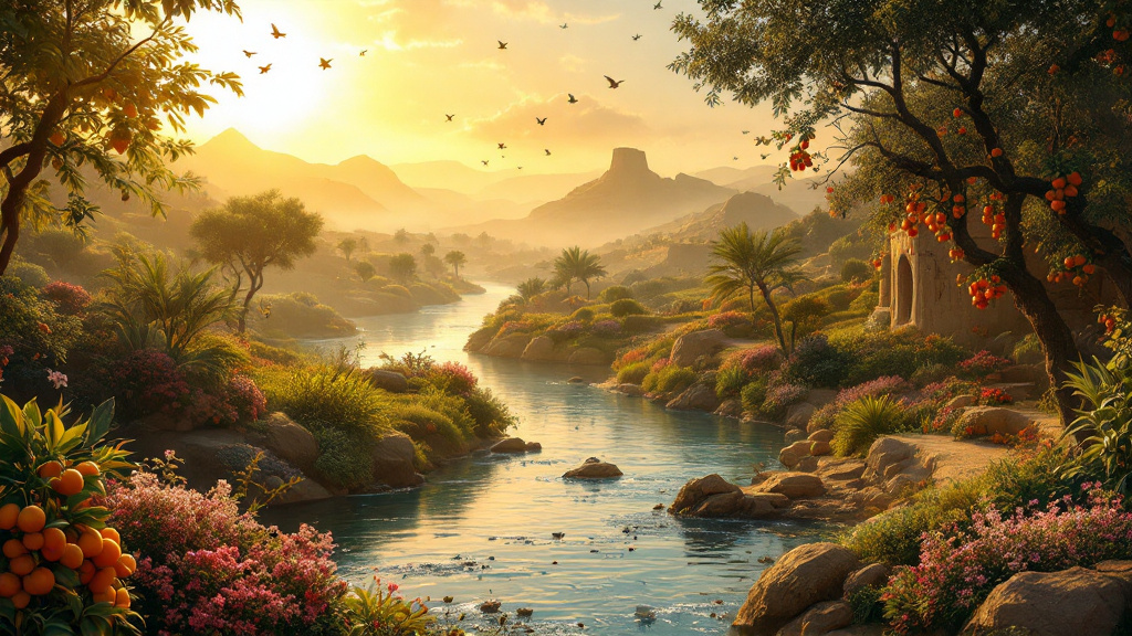 A lush garden where two rivers meet at golden dawn