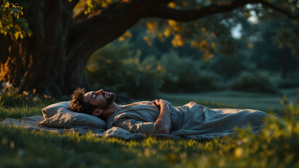 Adam lies in a deep sleep beneath a great tree in the garden