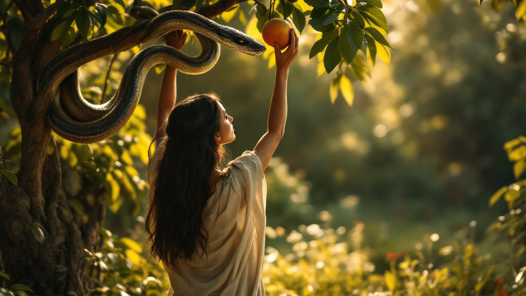 A woman reaches for the fruit as the serpent watches from the branch