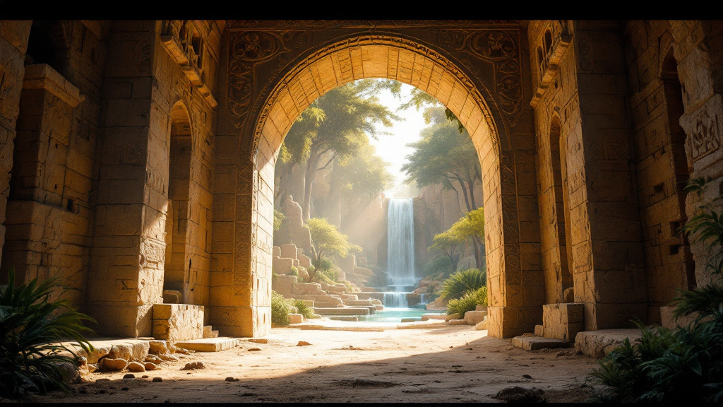An ancient stone gate stands open onto a radiant garden