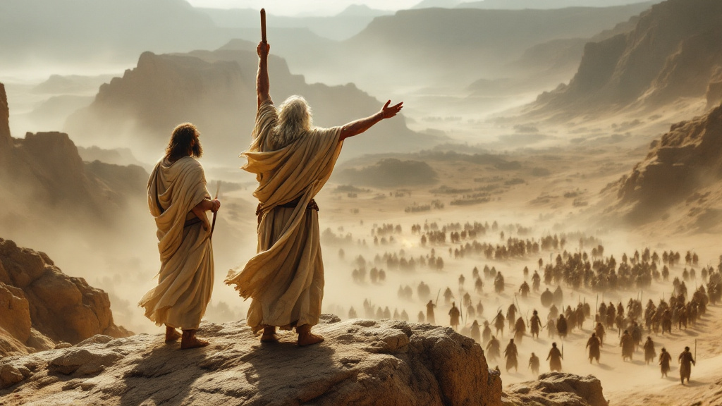 Moses raises the rod of God on the hill above the battle at Rephidim
