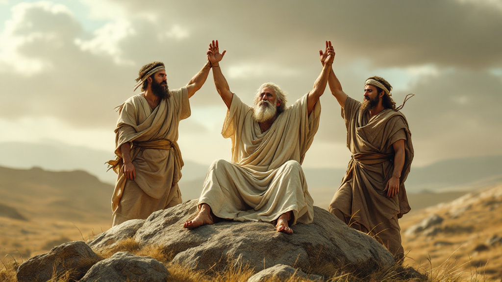 Aaron and Hur hold up the hands of Moses as he sits on a stone